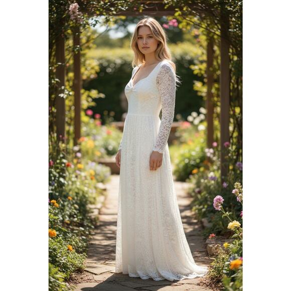 Blush Women's Ivory Maxi Bohemian Lace Sweatheart Neck Wedding Dress Size XL - Picture 1 of 7